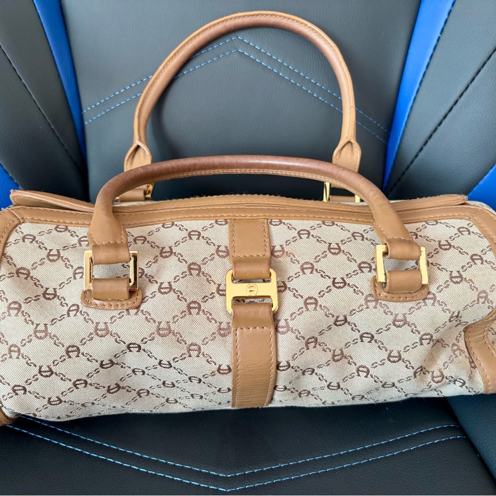 Vintage Etienne Aigner Leather Trim Handbag Purse Brown Gold Hardware